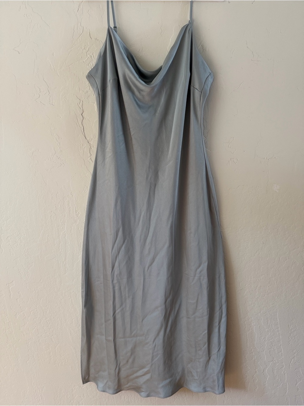 Express Womenโs Satin Slip Dress Cowl Neck - Gray/Sea Foam Color
